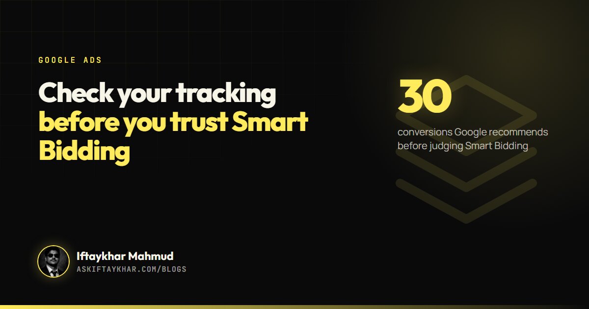 Google Ads conversion tracking checklist cover for Smart Bidding, 30 conversions guideline, by Iftaykhar Mahmud