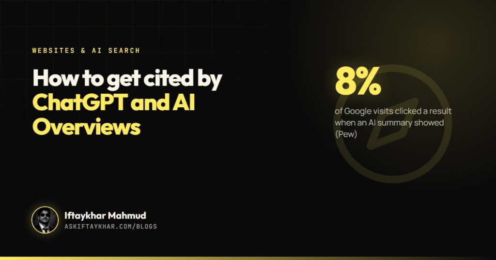 Guide cover on how to get a business cited by ChatGPT and Google AI Overviews, by Iftaykhar Mahmud