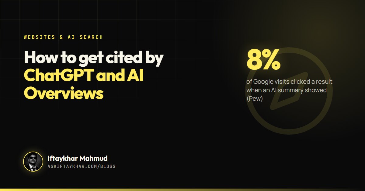 Guide cover on how to get a business cited by ChatGPT and Google AI Overviews, by Iftaykhar Mahmud